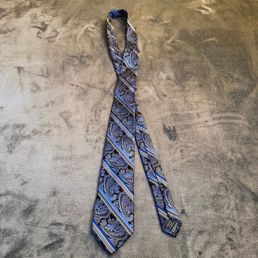 Pronto Uomo Couture Mens Silk Tie Blue Paisley Stripe Formal Necktie
